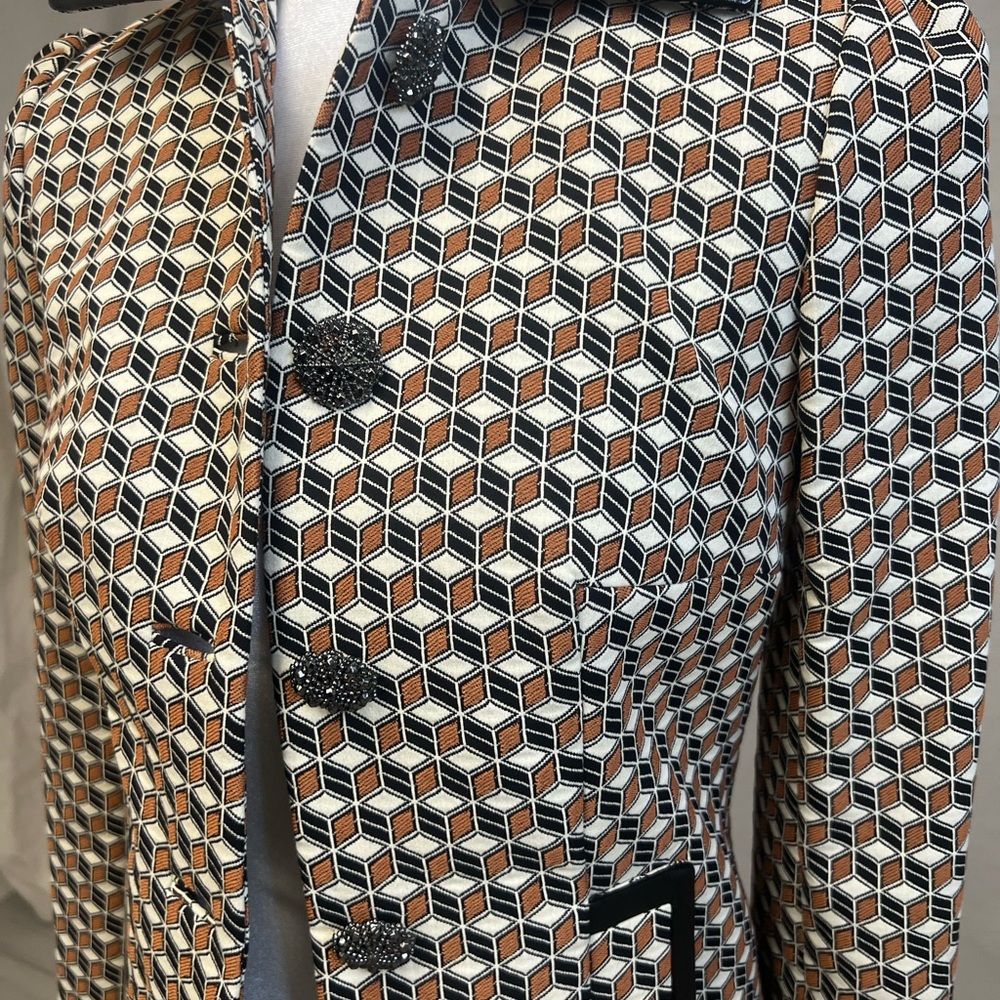 Elie Tahari Women's‎ Blazer Geometric Pattern Brown Black Sz 0 Vintage Retro 70s